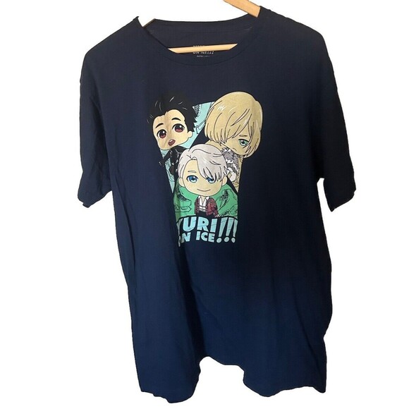Yuri!!! On Ice Anime Men's XL Blue T-Shirt with Yuri, Yuuri and Victor on Skates - Picture 2 of 6